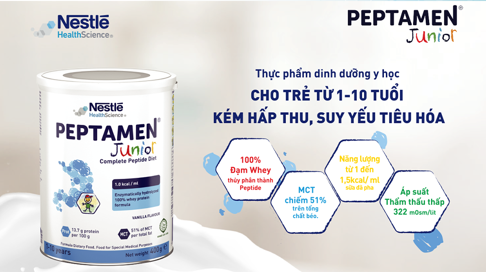 Peptamen Junior dành cho trẻ từ 1 đến 10 tuổi kém hấp thu, suy yếu tiêu hóa