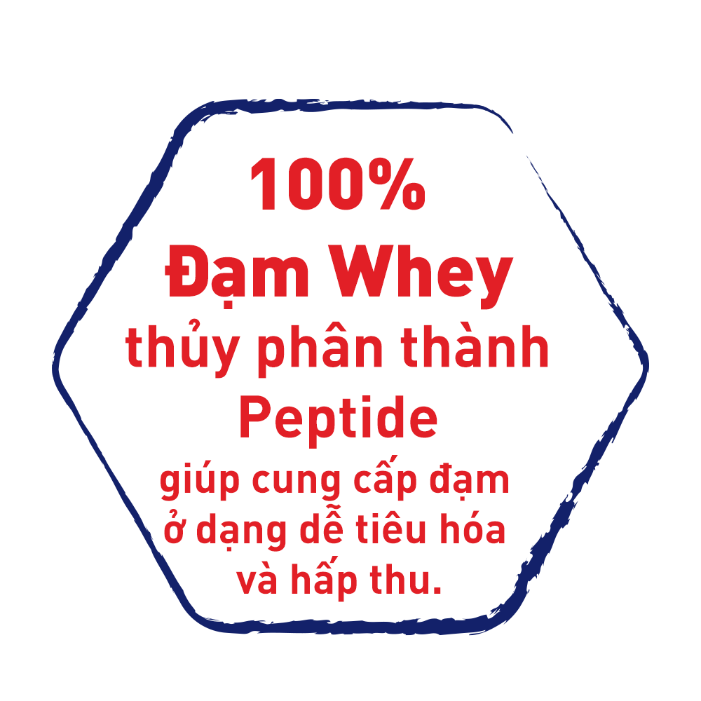 100% đạm whey thủy phân thành peptide, giúp cung cấp đạm ở dạng dễ tiêu hóa và hấp thu