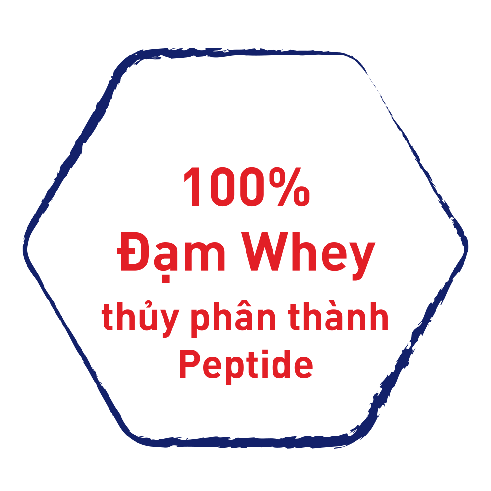 100% đạm whey thủy phân thành peptide - giúp cung cấp đạm ở dạng dễ tiêu hóa, hấp thu