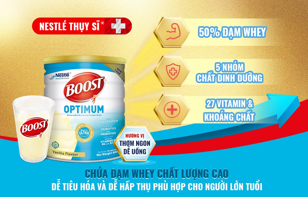 BOOST Optimum - Dinh dưỡng chuyên biệt cho người từ tuổi 50+ chứa đạm whey chất lượng cao dễ tiêu hóa và hấp thụ
